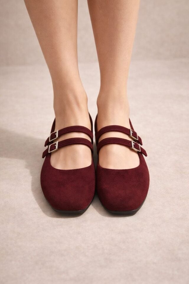 Kadın Üstten Kemerli Çift Tokalı Çift Bantlı Tokalı Süet Babet Süet BORDO - 40