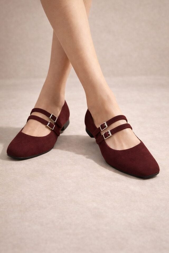 Kadın Üstten Kemerli Çift Tokalı Çift Bantlı Tokalı Süet Babet Süet BORDO - 40