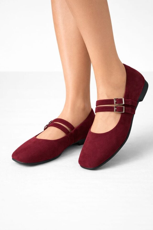 Kadın Üstten Kemerli Çift Tokalı Çift Bantlı Tokalı Süet Babet Süet BORDO - 40