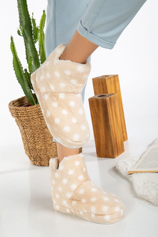 PUANTİYELİ Kadın Panduf Ev Ayakkabısı Ev Botu KREM - 36