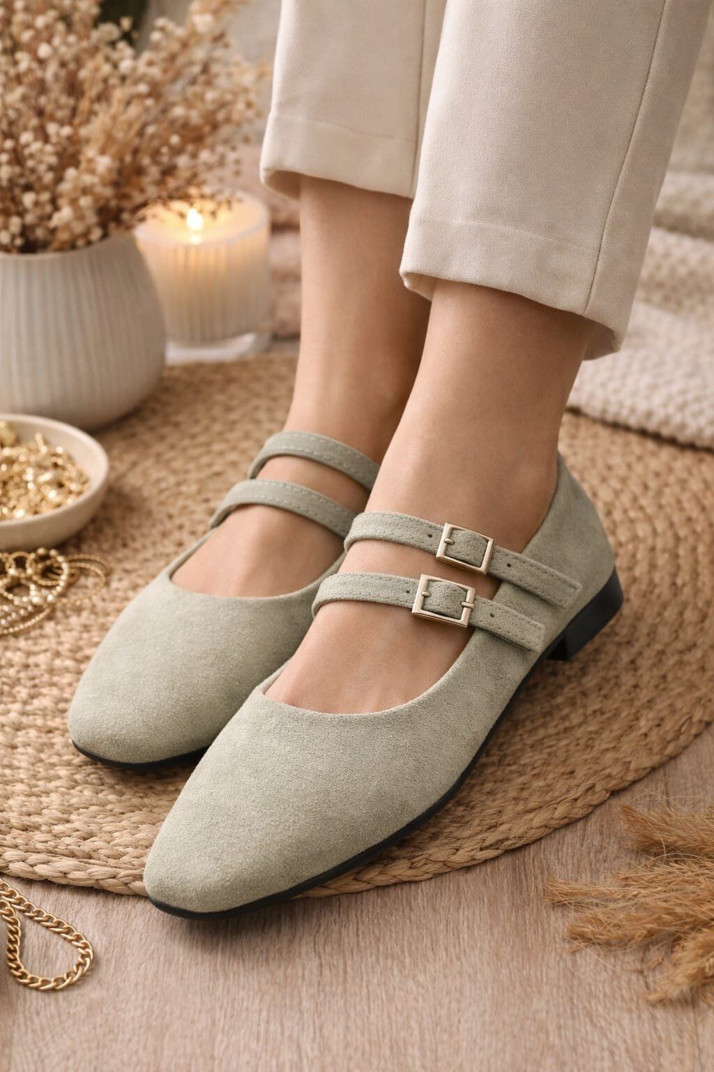 Kadın Üstten Kemerli Çift Tokalı Çift Bantlı Tokalı Süet Babet Süet KREM - 40