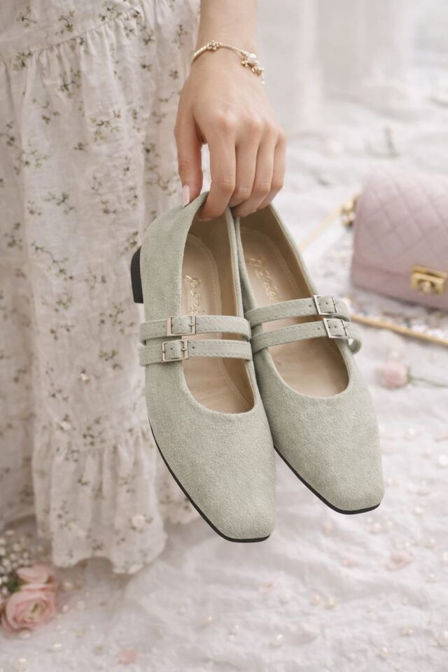 Kadın Üstten Kemerli Çift Tokalı Çift Bantlı Tokalı Süet Babet Süet KREM - 40