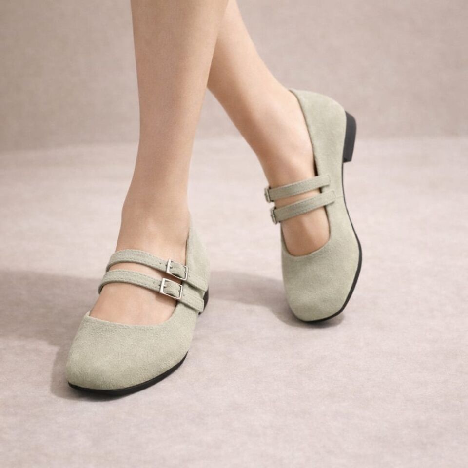 Kadın Üstten Kemerli Çift Tokalı Çift Bantlı Tokalı Süet Babet Süet KREM - 40