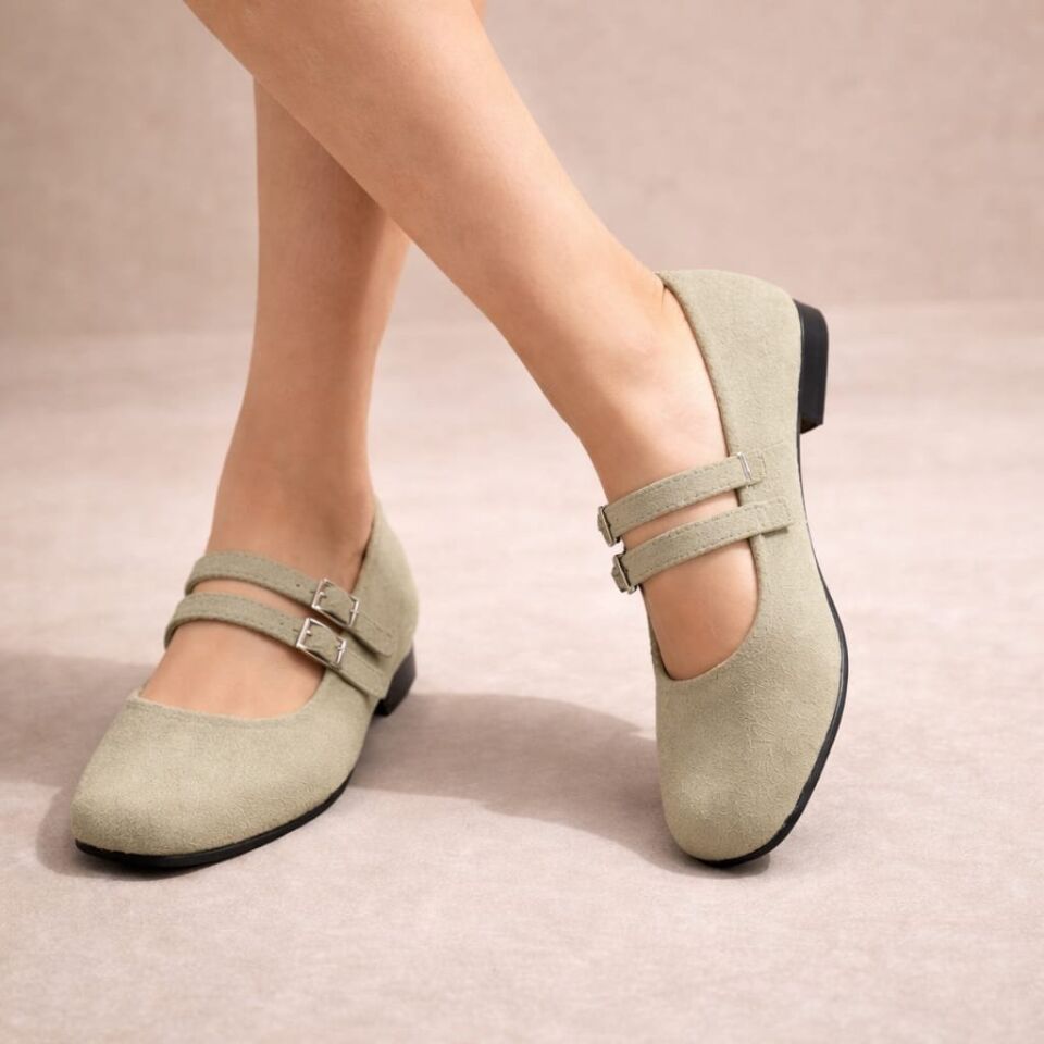 Kadın Üstten Kemerli Çift Tokalı Çift Bantlı Tokalı Süet Babet Süet KREM - 40