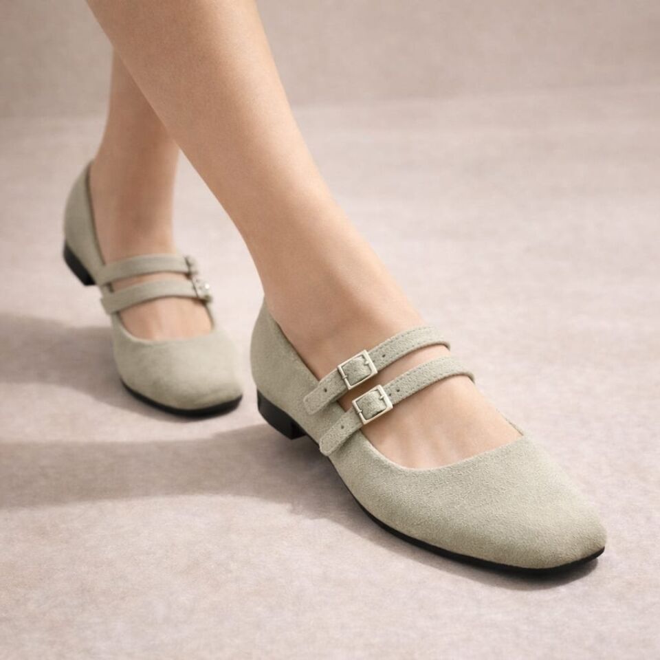 Kadın Üstten Kemerli Çift Tokalı Çift Bantlı Tokalı Süet Babet Süet KREM - 40