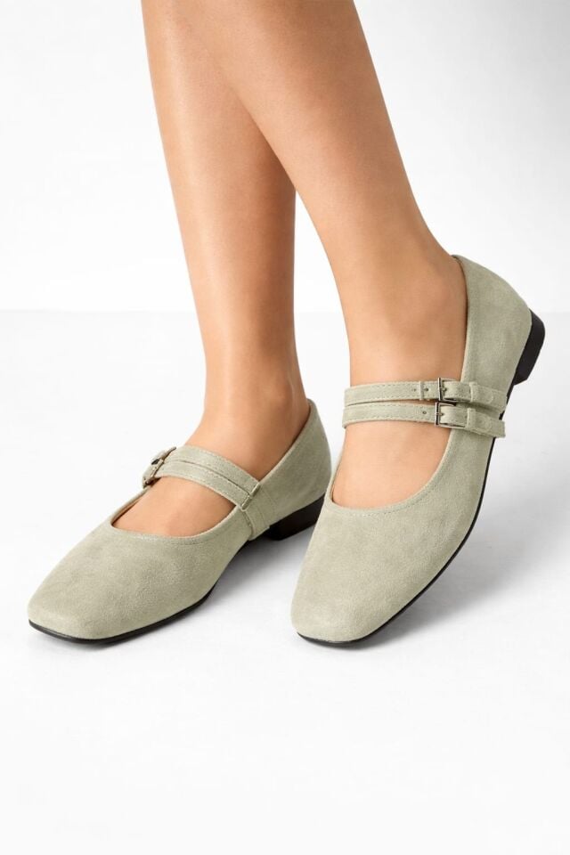 Kadın Üstten Kemerli Çift Tokalı Çift Bantlı Tokalı Süet Babet Süet KREM - 40