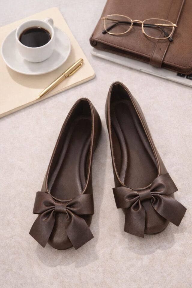 Zarif Kadın Günlük  Kurdele Detaylı Yuvarlak Burun Şık Babet