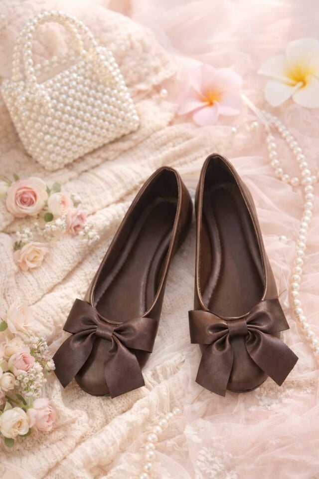 Zarif Kadın Günlük  Kurdele Detaylı Yuvarlak Burun Şık Babet