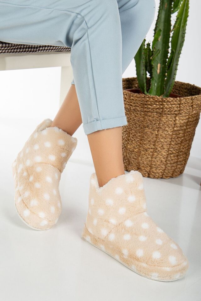 PUANTİYELİ Kadın Panduf Ev Ayakkabısı Ev Botu KREM - 39