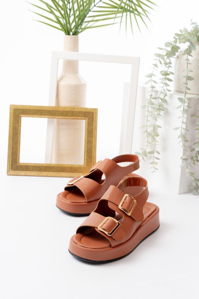 Kadın Çift Bantlı Toka Detaylı Günlük Rahat Sandalet TABA - 39