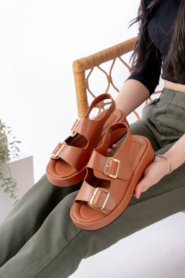 Kadın Çift Bantlı Toka Detaylı Günlük Rahat Sandalet TABA - 39