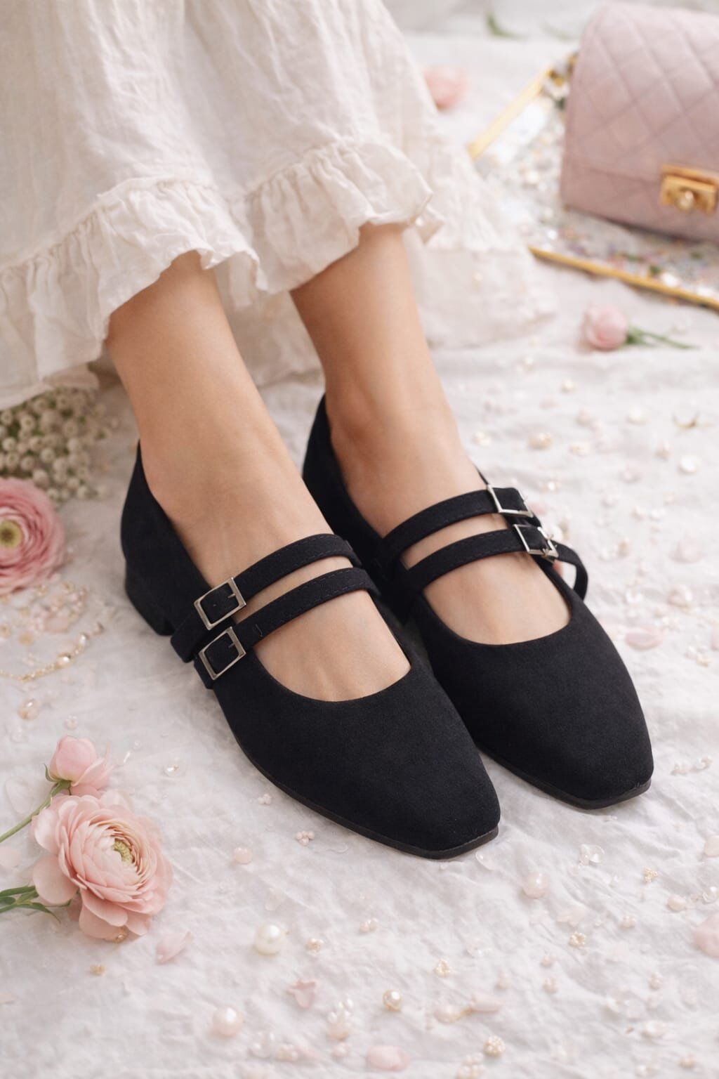 Kadın Üstten Kemerli Çift Tokalı Çift Bantlı Tokalı Süet Babet Süet SİYAH - 40