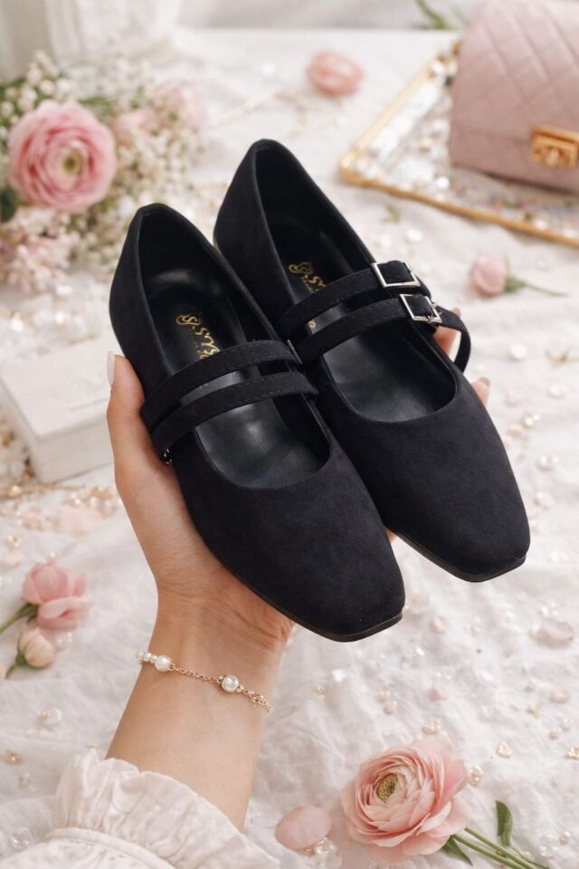 Kadın Üstten Kemerli Çift Tokalı Çift Bantlı Tokalı Süet Babet Süet SİYAH - 40