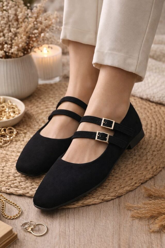 Kadın Üstten Kemerli Çift Tokalı Çift Bantlı Tokalı Süet Babet Süet SİYAH - 40