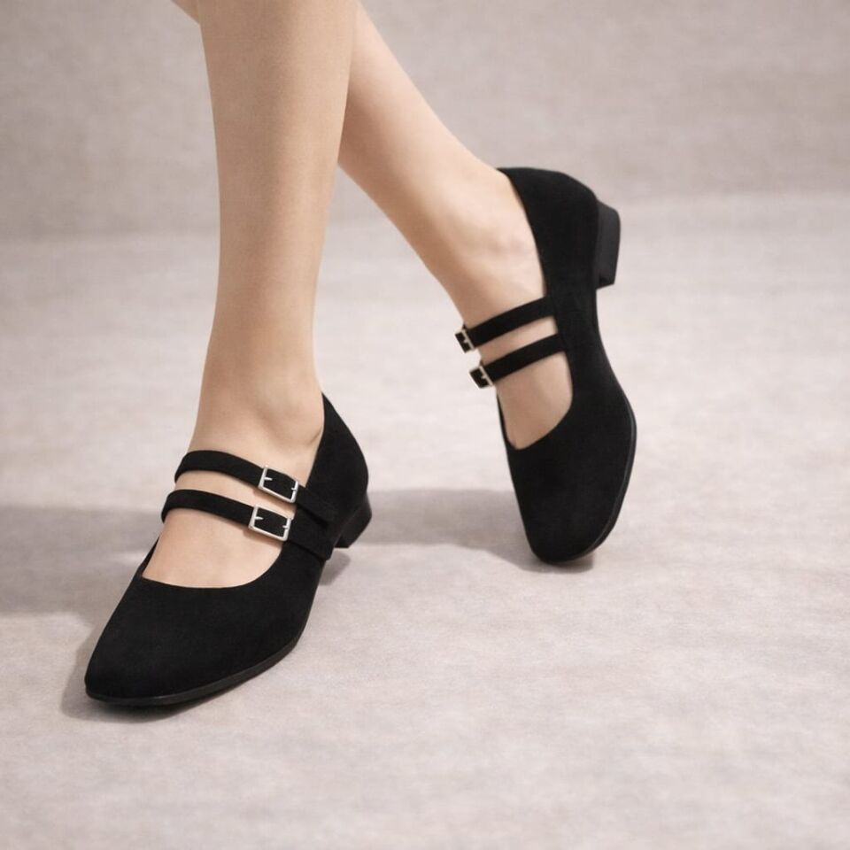 Kadın Üstten Kemerli Çift Tokalı Çift Bantlı Tokalı Süet Babet Süet SİYAH - 40