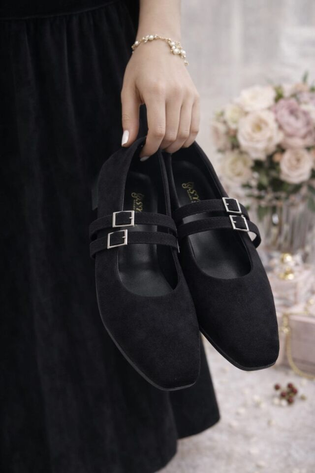 Kadın Üstten Kemerli Çift Tokalı Çift Bantlı Tokalı Süet Babet Süet SİYAH - 40