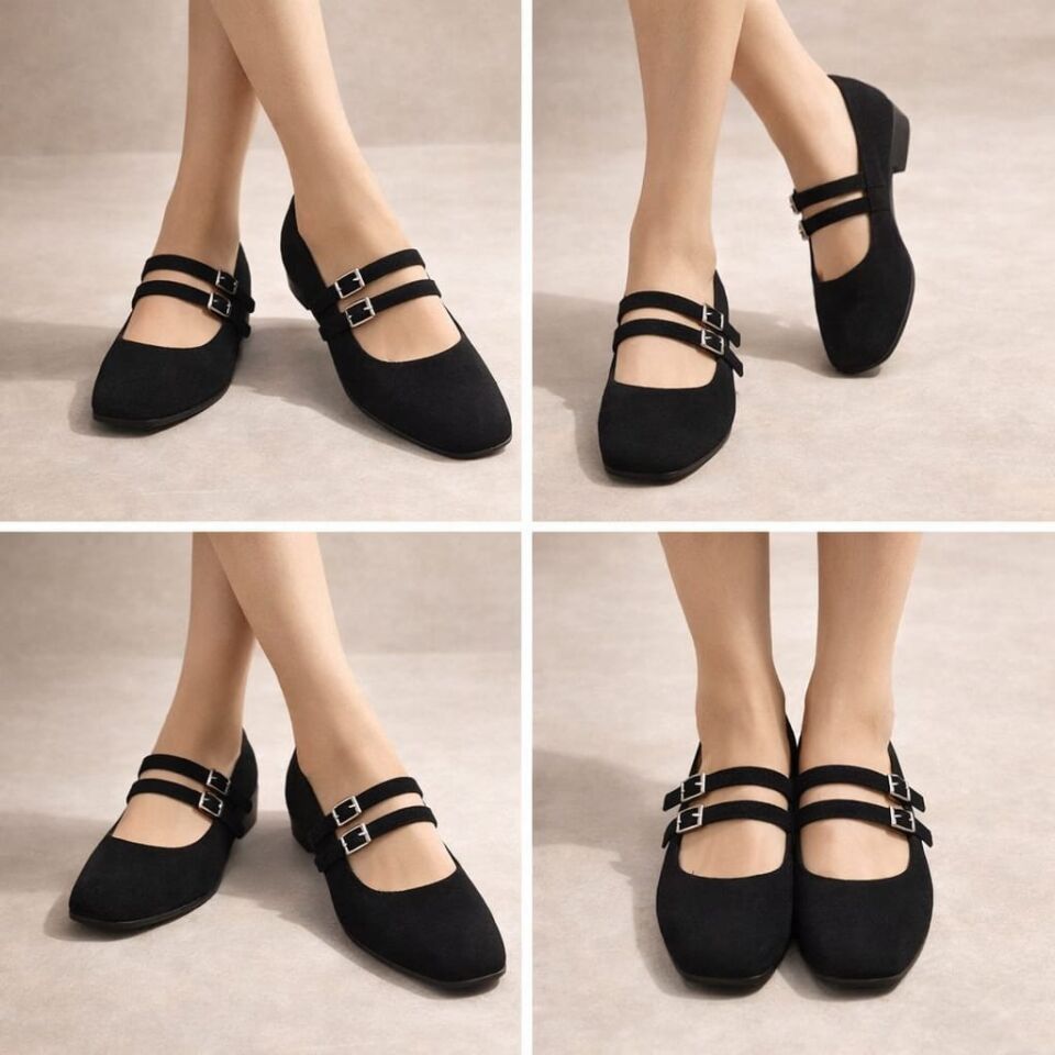 Kadın Üstten Kemerli Çift Tokalı Çift Bantlı Tokalı Süet Babet Süet SİYAH - 40