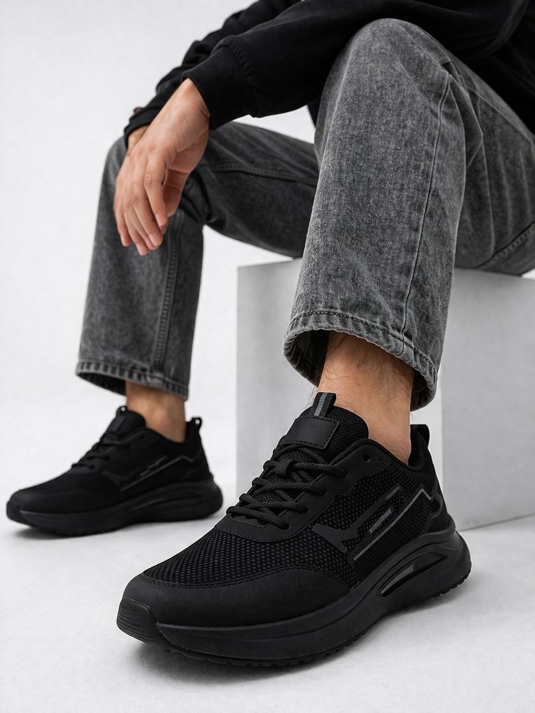 Erkek Sneaker Modern Tasarım Hafif Air Taban Günlük Rahat Yumuşak Yürüyüş Spor Ayakkabı SİYAH-FÜME - 40