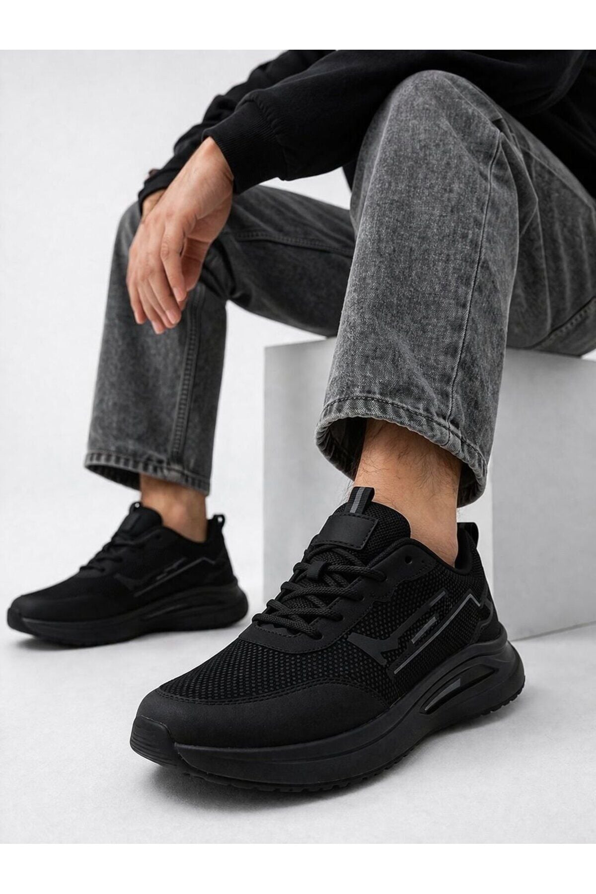 Erkek Sneaker Modern Tasarım Hafif Air Taban Günlük Rahat Yumuşak Yürüyüş Spor Ayakkabı SİYAH-FÜME - 40