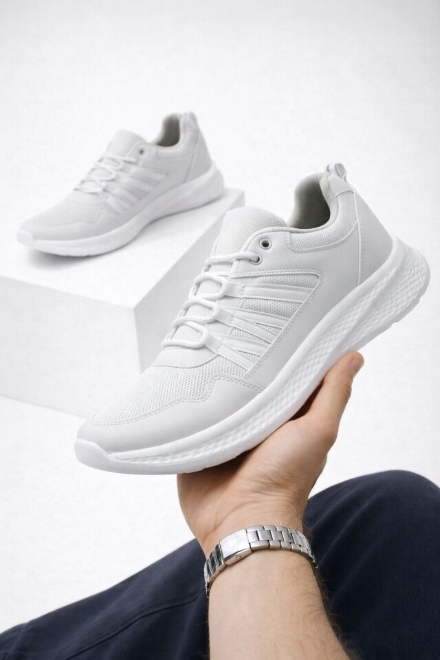 Erkek Günlük Spor Ayakkabı-Hafif Tabanlı Nesef Alabilen File Kumaş Kaymaz Kalın Taban Rahat Yürüyüş Ve Günlük Kullanım Sneaker BEYAZ - 39