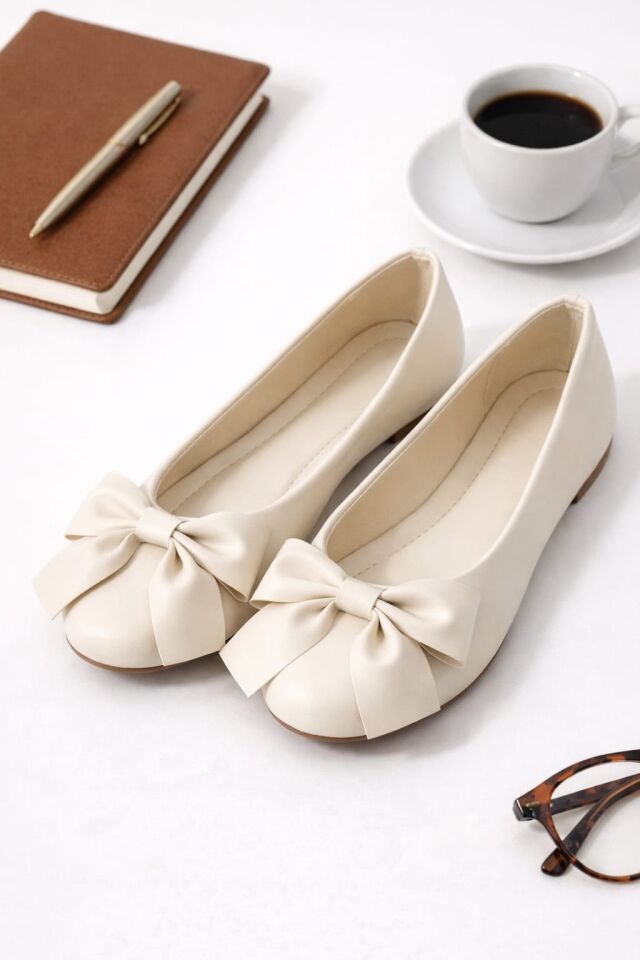 Zarif Kadın Günlük  Kurdele Detaylı Yuvarlak Burun Şık Babet KREM - 38