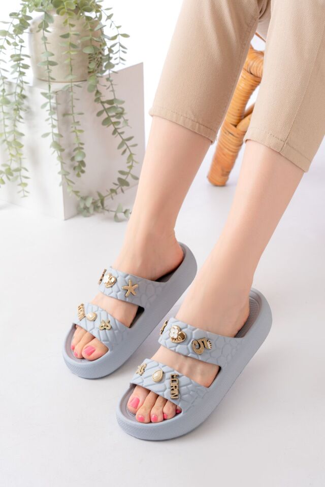 Kadın Taşlı Şık, Rahat, Konforlu Günlük Sandalet/Terlik BEBE MAVİSİ - 38