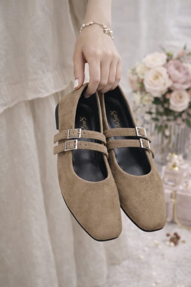 Kadın Üstten Kemerli Çift Tokalı Çift Bantlı Tokalı Süet Babet Süet VİZON - 40