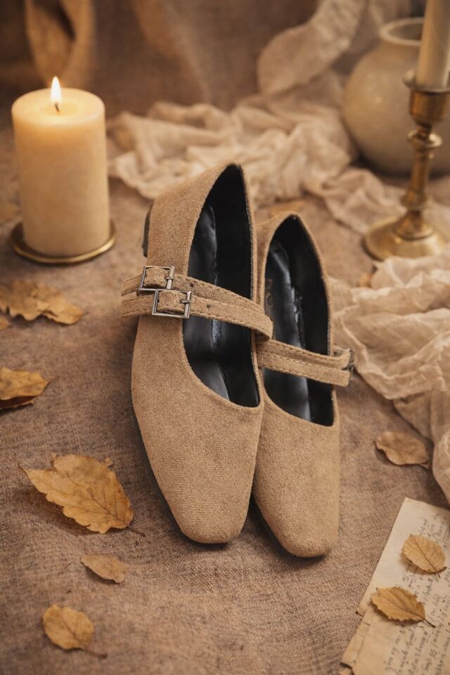 Kadın Üstten Kemerli Çift Tokalı Çift Bantlı Tokalı Süet Babet Süet VİZON - 40