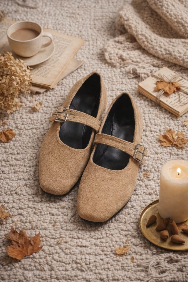 Kadın Üstten Kemerli Çift Tokalı Çift Bantlı Tokalı Süet Babet Süet VİZON - 40