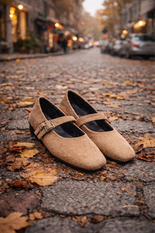 Kadın Üstten Kemerli Çift Tokalı Çift Bantlı Tokalı Süet Babet Süet VİZON - 40