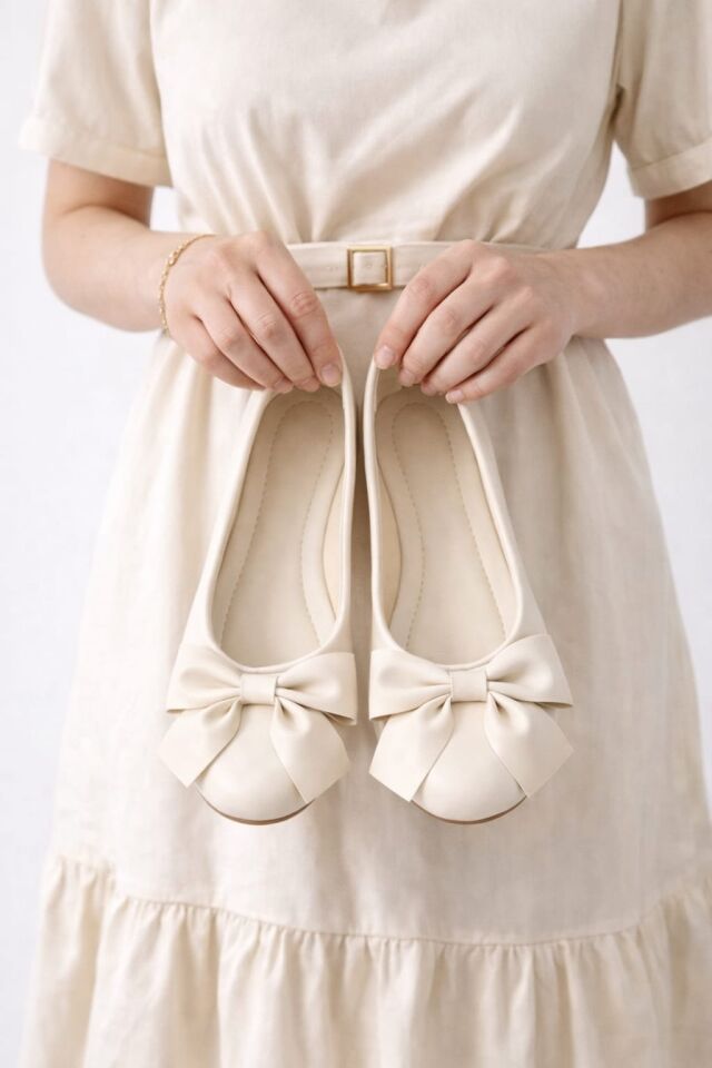 Zarif Kadın Günlük  Kurdele Detaylı Yuvarlak Burun Şık Babet KREM - 40