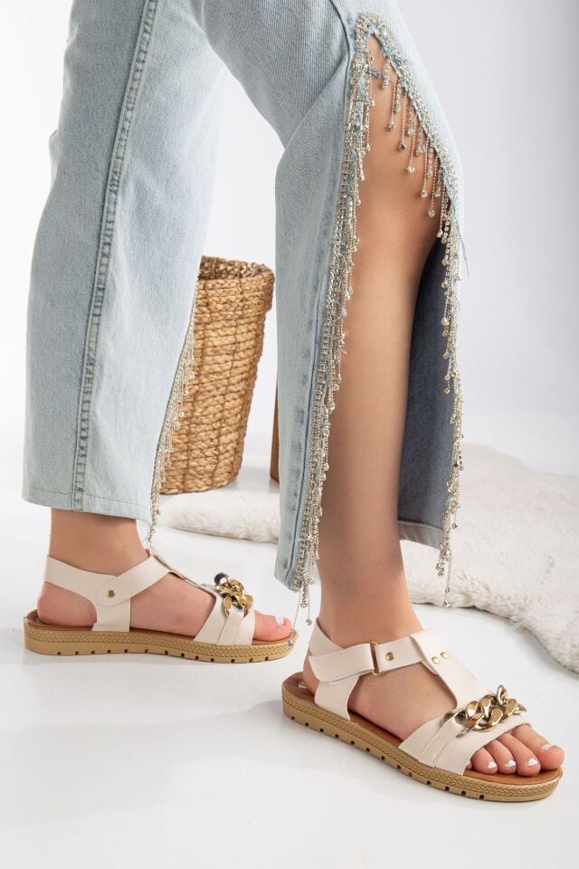 Yazlık Rahat Taban Cırtlı Zincirli Günlük Sandalet KREM - 37