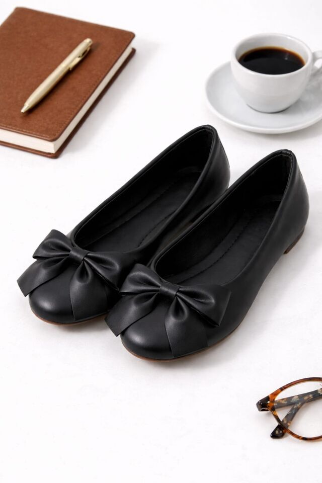 Zarif Kadın Günlük  Kurdele Detaylı Yuvarlak Burun Şık Babet SİYAH - 40