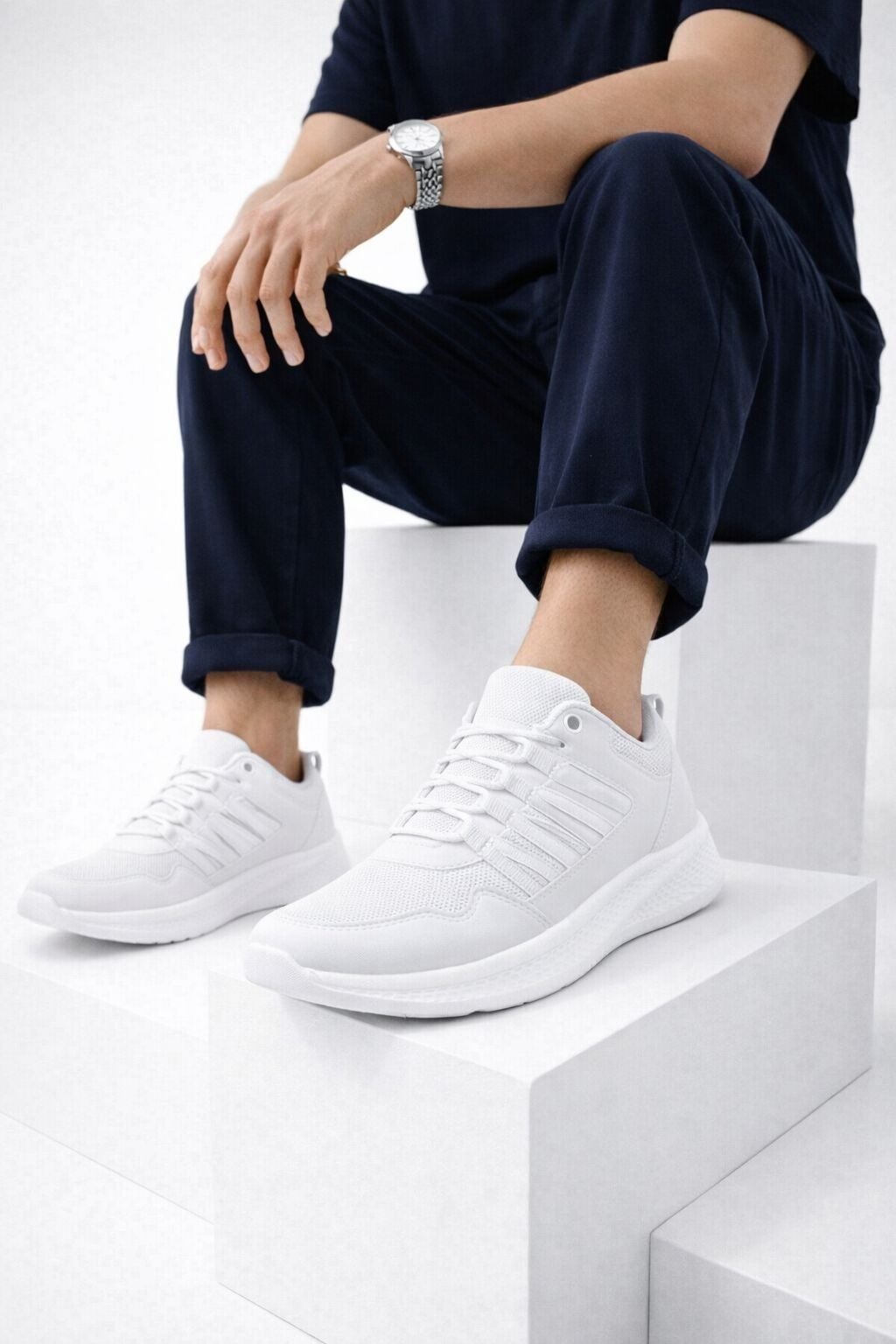 Erkek Günlük Spor Ayakkabı-Hafif Tabanlı Nesef Alabilen File Kumaş Kaymaz Kalın Taban Rahat Yürüyüş Ve Günlük Kullanım Sneaker BEYAZ - 42