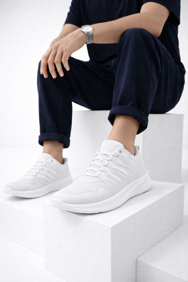 Erkek Günlük Spor Ayakkabı-Hafif Tabanlı Nesef Alabilen File Kumaş Kaymaz Kalın Taban Rahat Yürüyüş Ve Günlük Kullanım Sneaker BEYAZ - 42