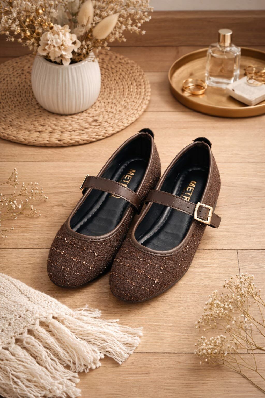 Tüvit Kumaş Mary Jane Babet Şık Tokalı Ortopedik Taban Günlük Ayakkabı KAHVERENGİ - 40