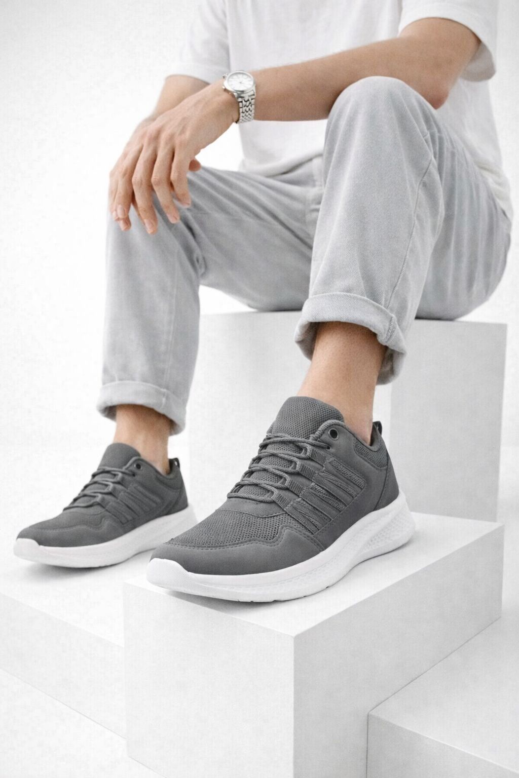 Erkek Günlük Spor Ayakkabı-Hafif Tabanlı Nesef Alabilen File Kumaş Kaymaz Kalın Taban Rahat Yürüyüş Ve Günlük Kullanım Sneaker FÜME - 39