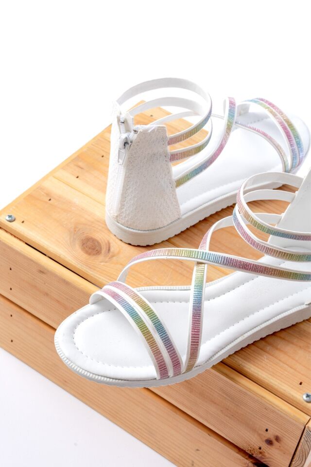 Kız Çocuk Rahat Taban Yazlık Simli Örgülü Arkası Fermuarlı Sandalet BEYAZ - 25