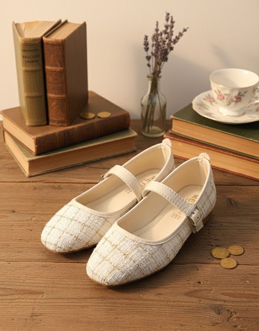 Tüvit Kumaş Mary Jane Babet Şık Tokalı Ortopedik Taban Günlük Ayakkabı KREM - 40