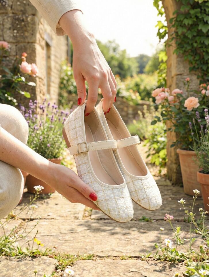Tüvit Kumaş Mary Jane Babet Şık Tokalı Ortopedik Taban Günlük Ayakkabı KREM - 40