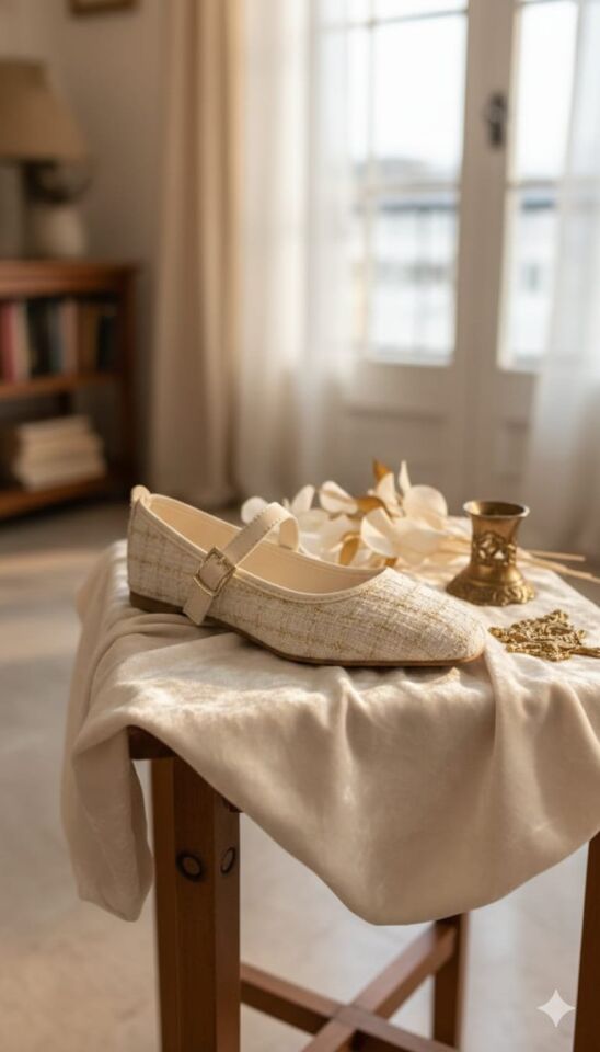 Tüvit Kumaş Mary Jane Babet Şık Tokalı Ortopedik Taban Günlük Ayakkabı KREM - 40