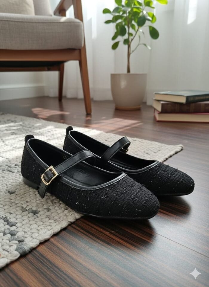 Tüvit Kumaş Mary Jane Babet Şık Tokalı Ortopedik Taban Günlük Ayakkabı SİYAH - 40