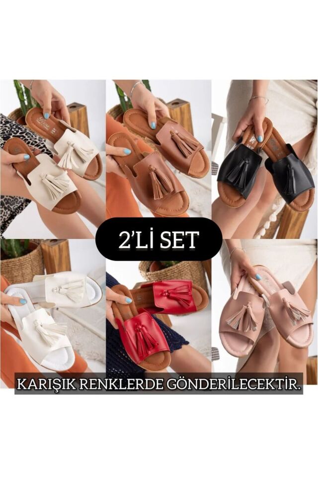 2'li Unisex Kaymaz Sokak Plaj Yazlık Gündelik terlik İKİLİ PÜSKÜL - 37