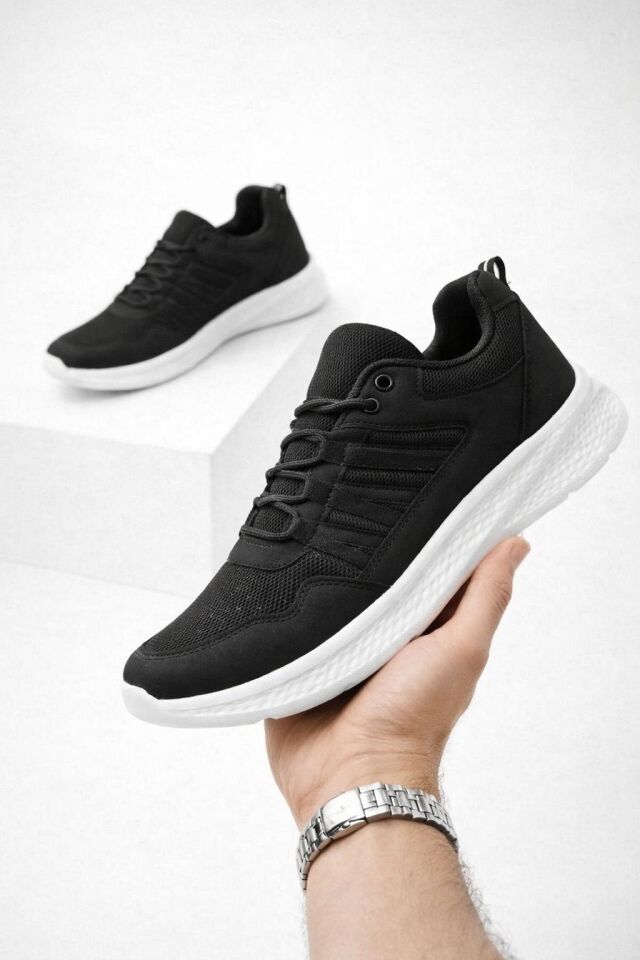 Erkek Günlük Spor Ayakkabı-Hafif Tabanlı Nesef Alabilen File Kumaş Kaymaz Kalın Taban Rahat Yürüyüş Ve Günlük Kullanım Sneaker SİYAH-BEYAZ - 41