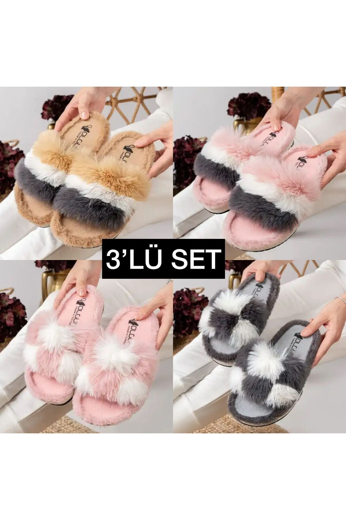 3'lü Kadın Peluş Ev Terliği Yazlık-Mevsimlik Ev Terliği Tüylü Terlik ÜÇLÜ PELUŞ TERLİK - 38