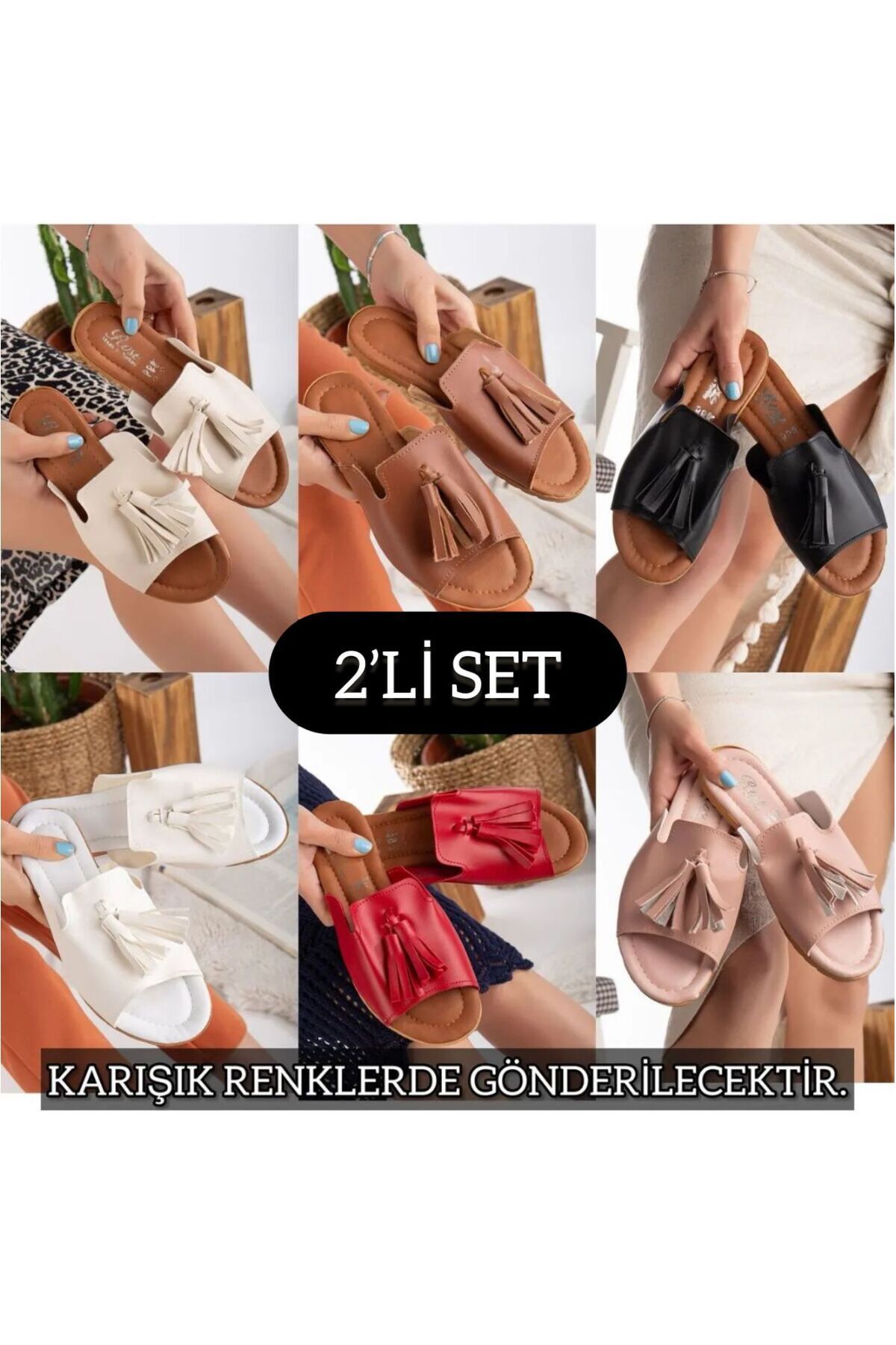 2'li Unisex Kaymaz Sokak Plaj Yazlık Gündelik terlik İKİLİ PÜSKÜL - 38