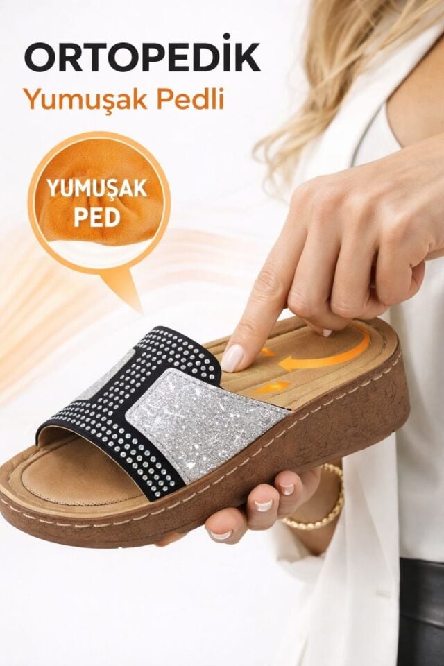 Taşlı Yumuşak Hafif Taban Önü Açık Günlük Anne Kadın Terlik GÜMÜŞ - 38