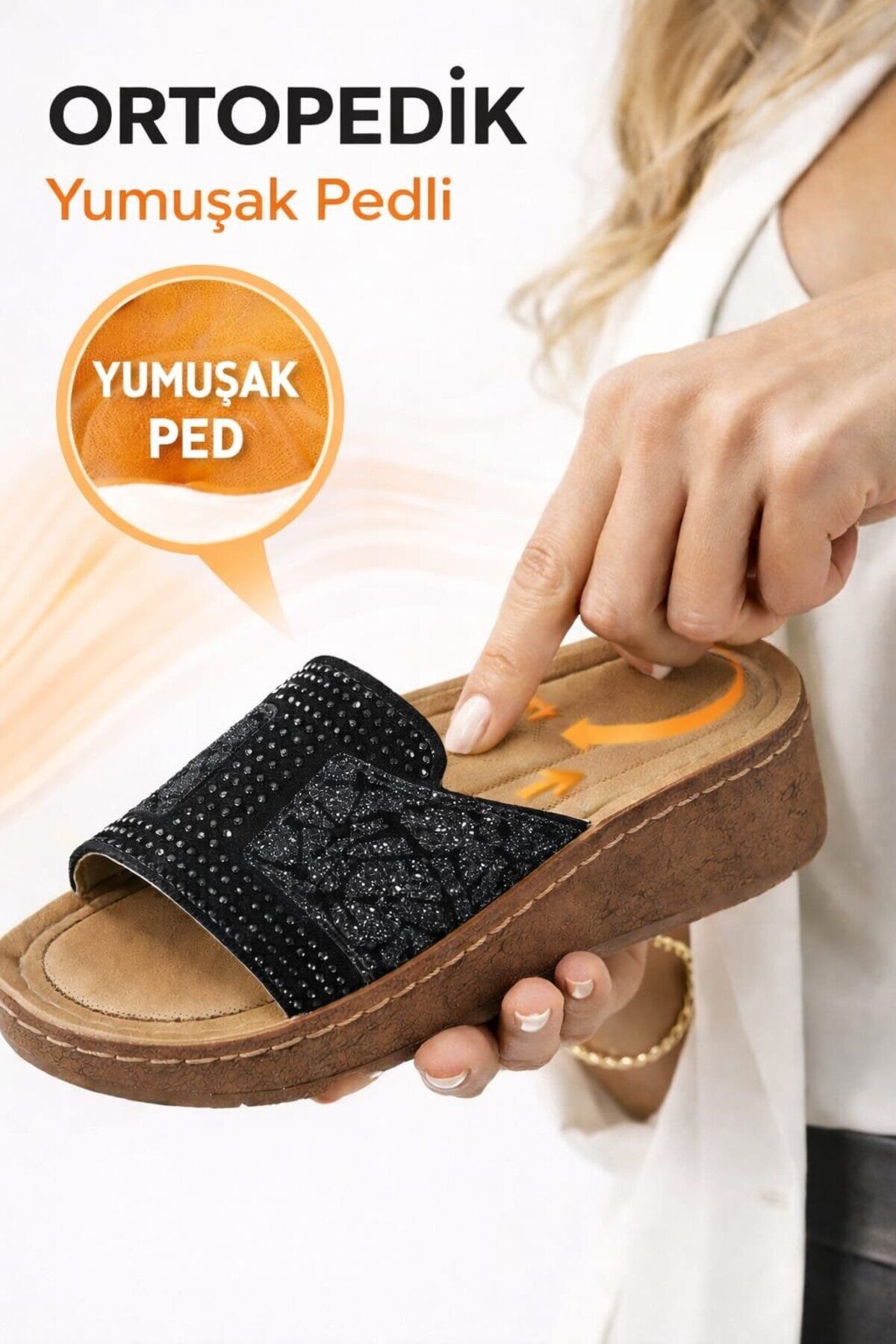 Taşlı Yumuşak Hafif Taban Önü Açık Günlük Anne Kadın Terlik SİYAH - 37
