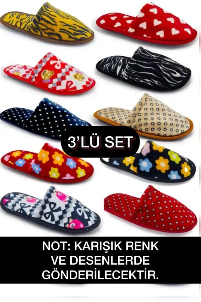 3' lü Kadın Önü Kapalı Terlik Peluş Yıkanabilir Kışlık Ev Terliği Misafir Çeyiz Bohça Terliği ÜÇLÜ ÇANAK ZENNE - 38