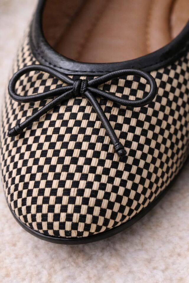 Tüvit Kumaş Mary Jane Babet Şık Tokalı Ortopedik Taban Günlük Ayakkabı BIYIKLI KARELİ SİYAH - 38